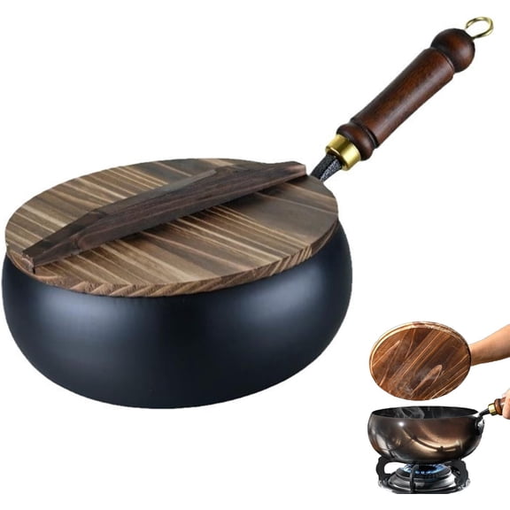 Uncoated Thick Iron Pot, Uncoated Iron Pan, Hand-Forged Non-Stick Wok Without Coating Round Bottom Cooking Wok with Durable Wood Handle for Cooker Gas Induction (Hammer Pattern with Wooden Lid, 11 in