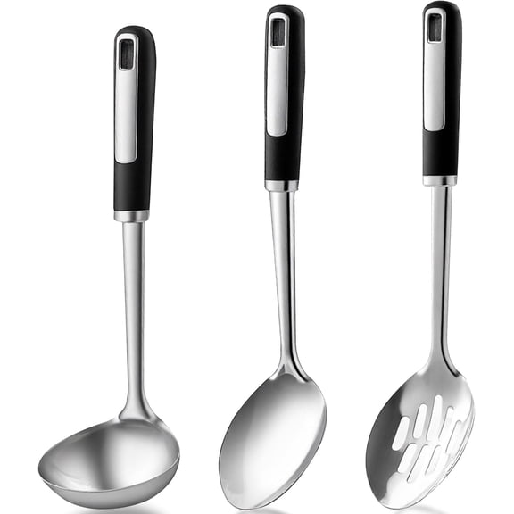 3-Piece Stainless Steel Serving Spoons Set – Includes Slotted Spoon, Serving Spoon & Soup Ladle, Heat-Resistant, Dishwasher Safe, Ergonomic Handles for Home & Commercial Use