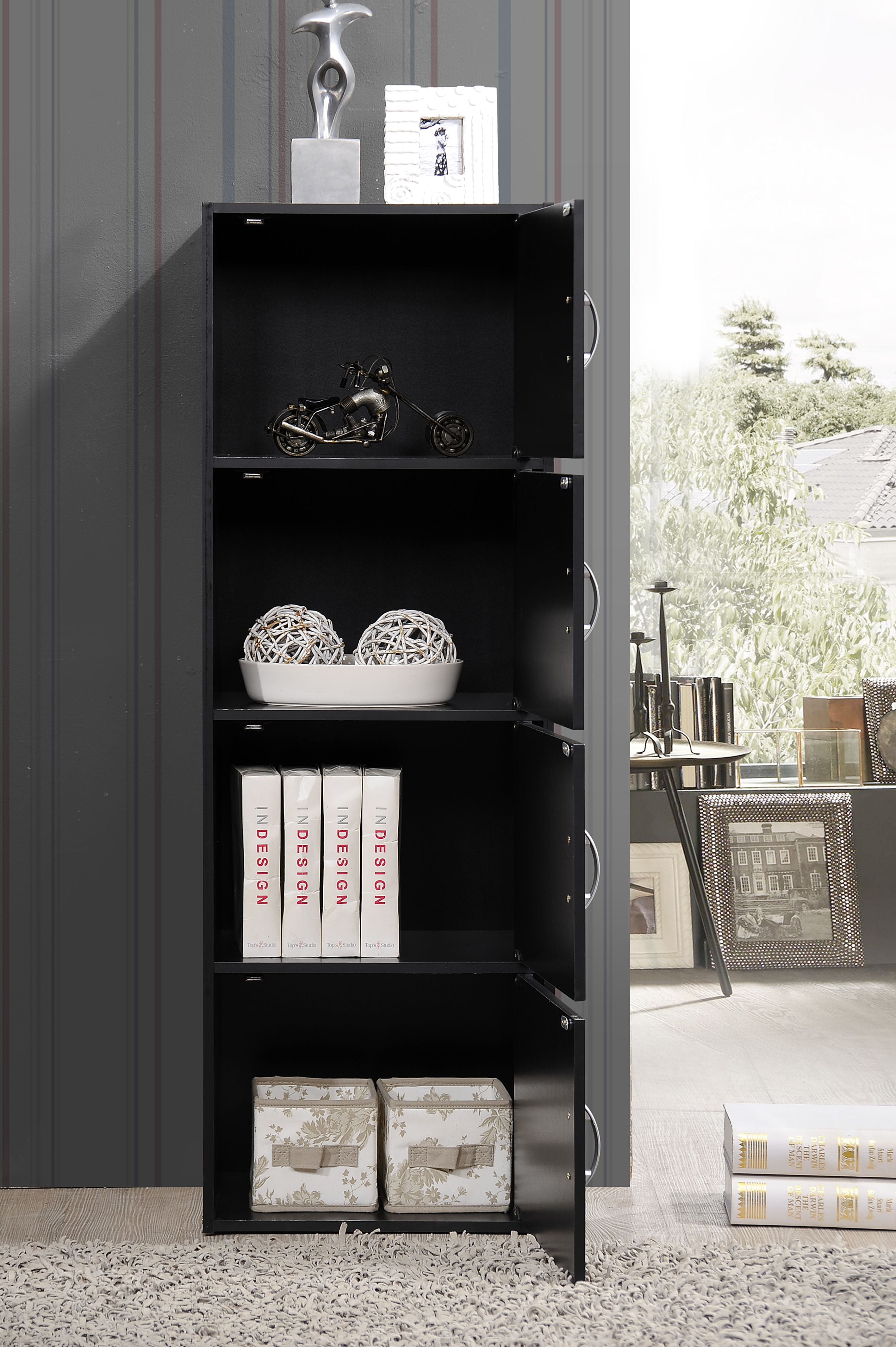 Hodedah 4-Shelf, 4-Door Bookcase in Black