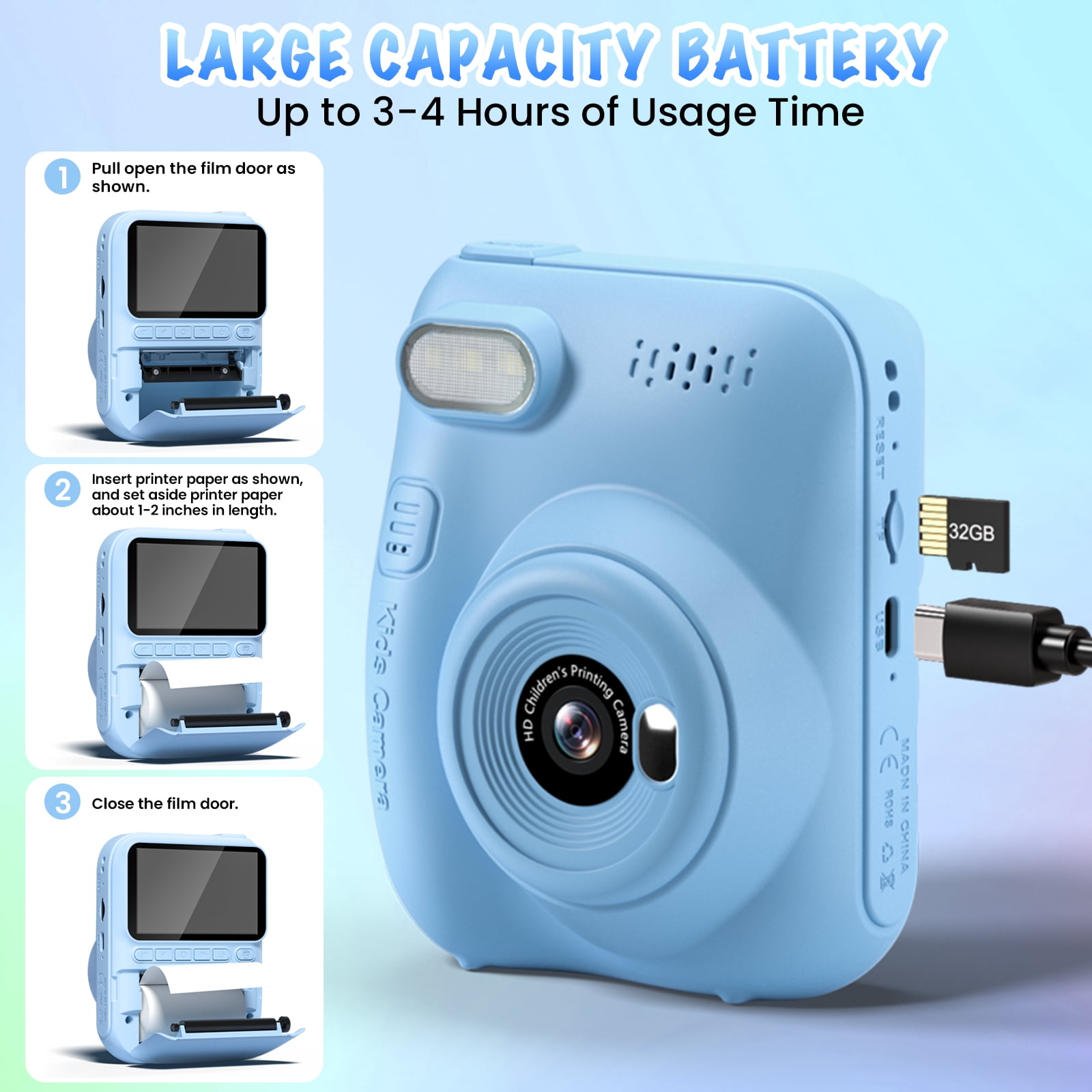 Instant Print Camera for Kids, 3.0" HD 1080P Digital Video Instant Camera for Boys & Girls Age 3-12 Birthday Gifts - Blue