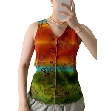 Women's V Neck Tank Tops, Sexy Sleeveless Patchwork Mesh Shirts