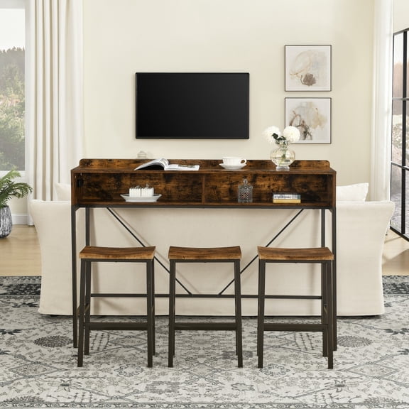 4 Piece Bar Table Set with 3 Saddle Stools, 59" Sofa Table with LED Lights and Charging Station, Counter Height Dining Table for Kitchen, Living Room, Home Bar, Brown