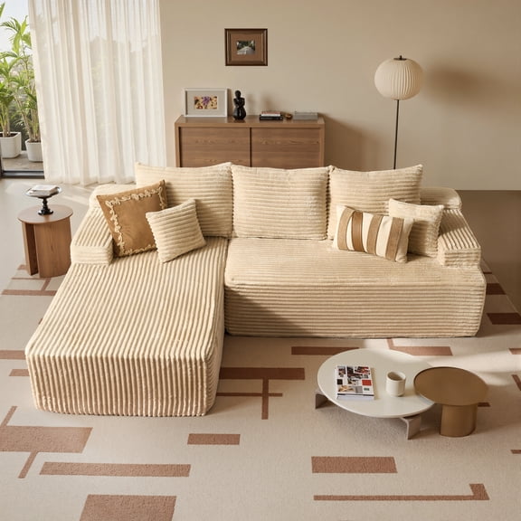 ODELIO 96" Boneless Cloud Couch, Modular Sectional Sofa with Chaise, Plush Corduroy Deep Seat Couches for Living Room, Modern L-Shaped Sofas, No Assembly Required, Beige