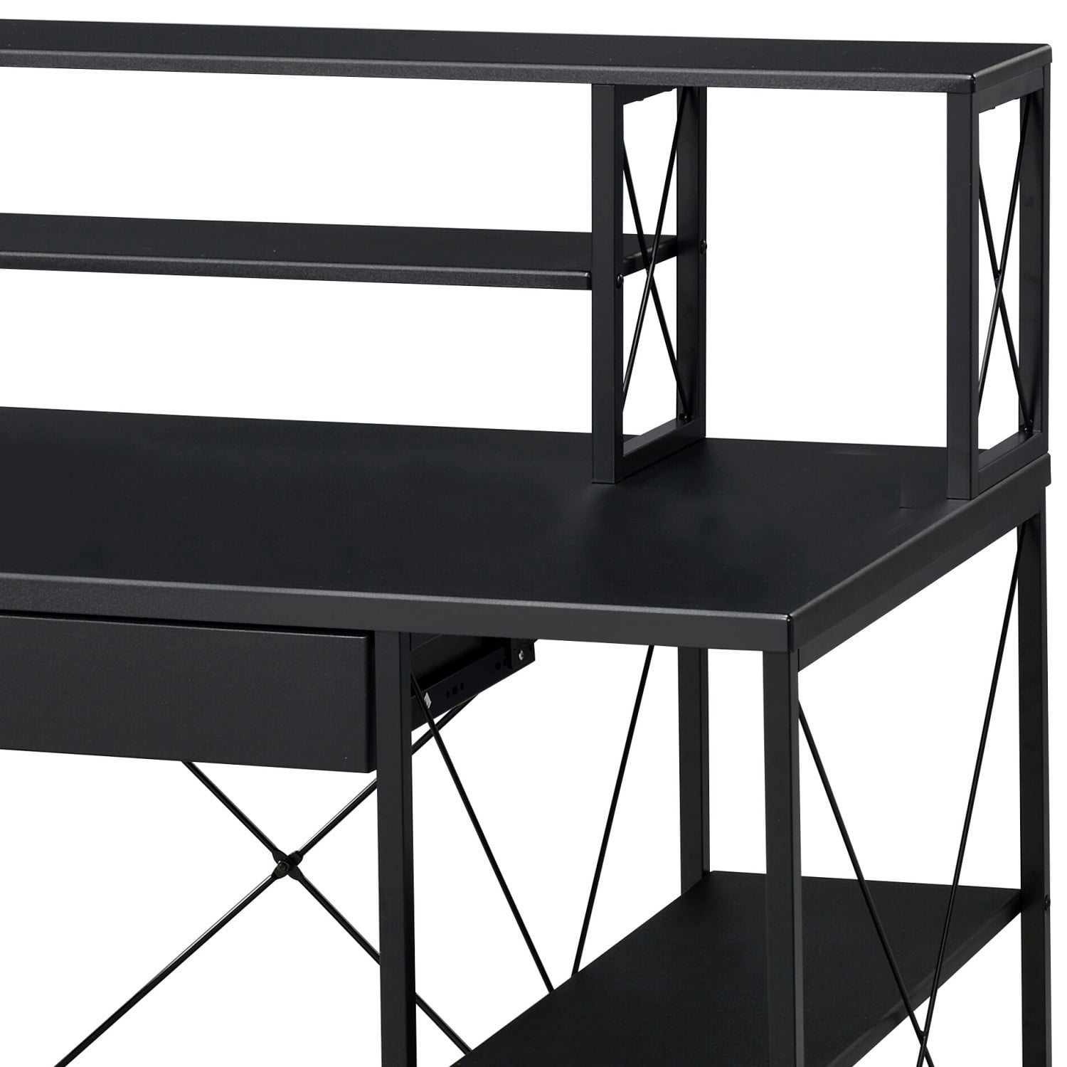 Modern Black Writing Desk with Storage Shelves, Computer Desk with Drawer & Metal Frame for Home Office Studio Gaming Setup