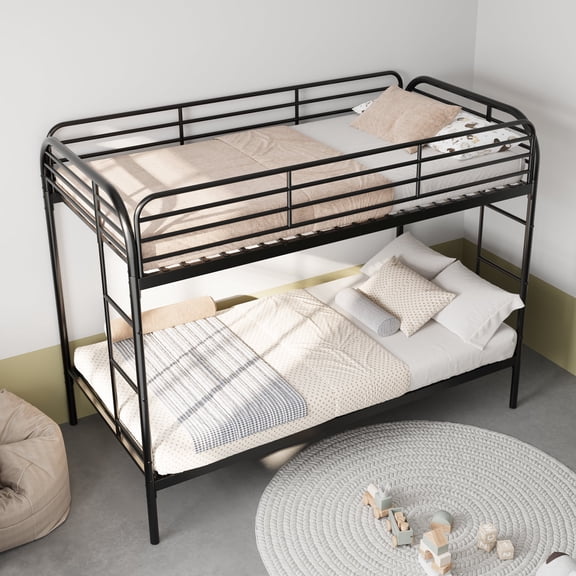 DreamBuck Bunk Bed Twin over Twin, Heavy Duty Bunk Beds with 2 Ladders and Full-Length Guardrail, No Box Spring Needed, Easy Assemble, Black