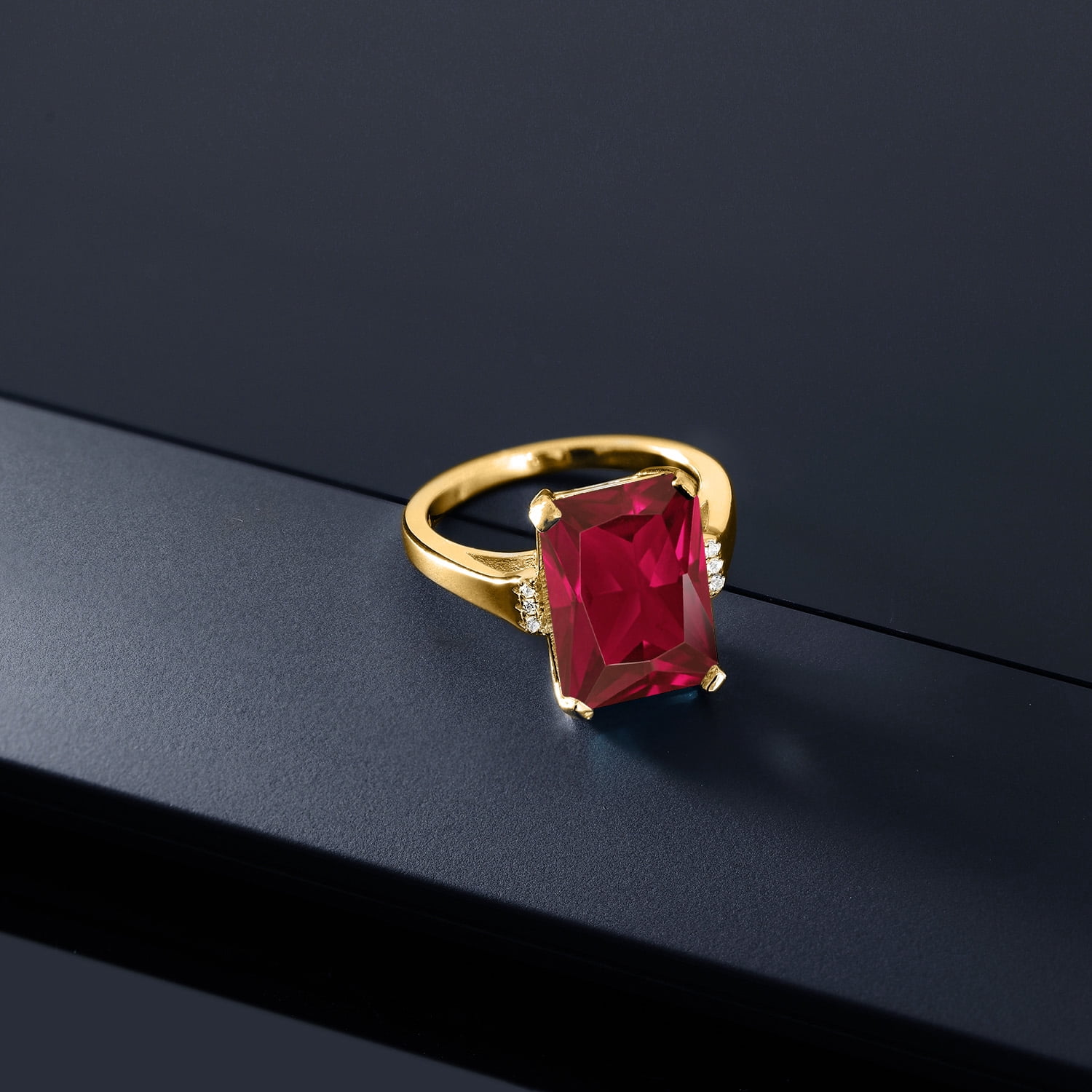 Gem Stone King 5.07 Cttw Red Created Ruby Engagement Ring for Women | 18K Yellow Gold Plated Silver| Emerald Cut 14X10MM | Gemstone July Birthstone | Size 5