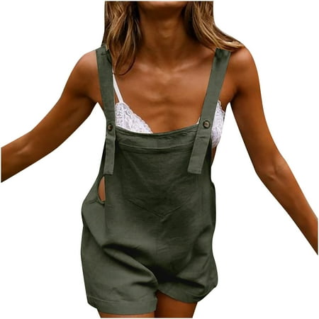 Diufon Cotton Bodysuit for Women Solid Color Shorts Romper Sleeveless Strap Button Playsuits