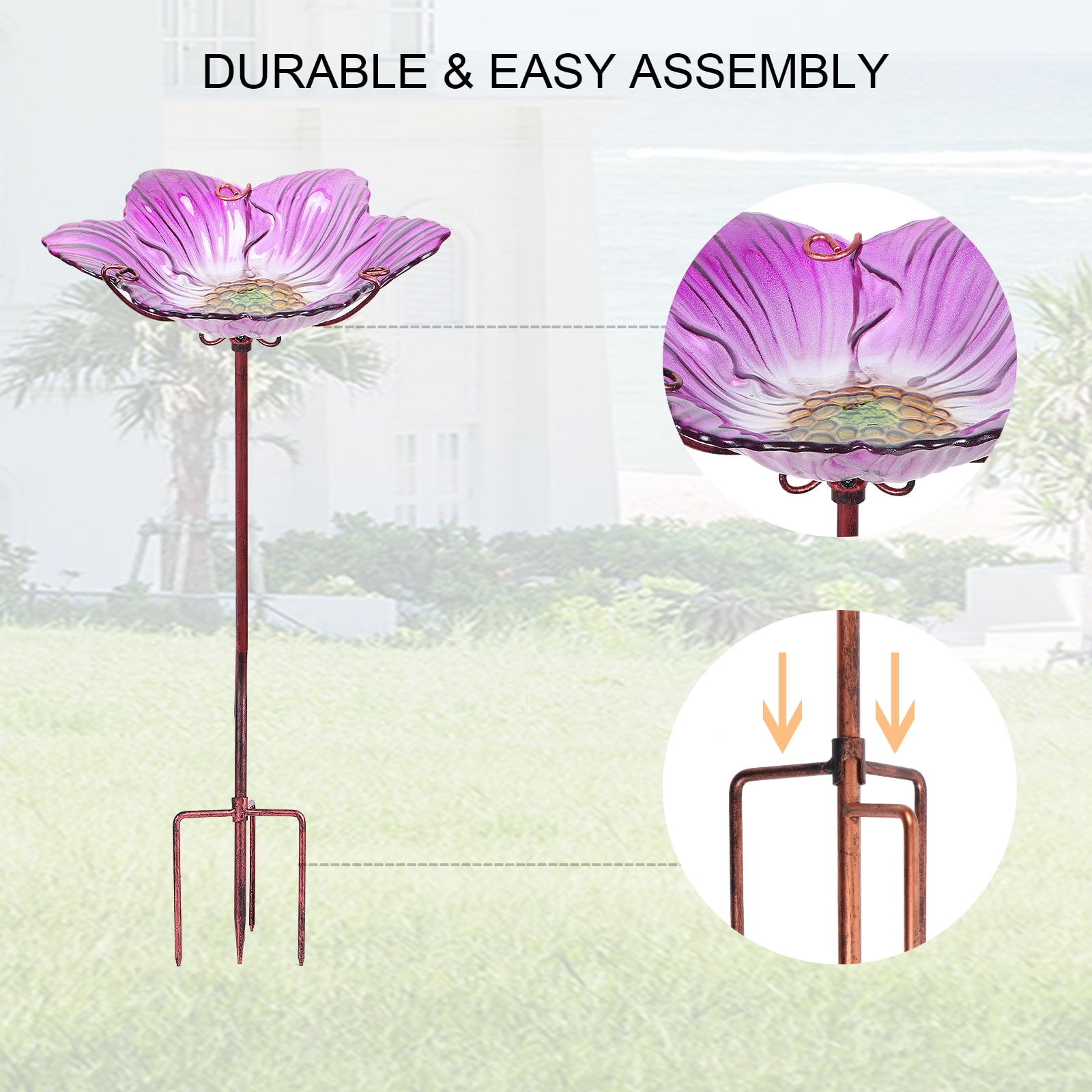 Glass Bird Bath, Outdoor Bird Feeders with Metal Stake, Pink Bird Bowls For Garden Yard Lawn