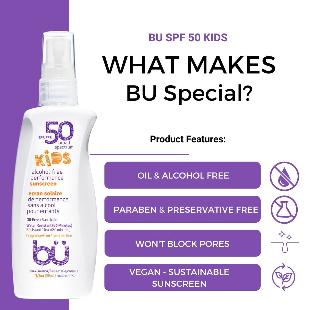 3 Pack - Bu KIDS SPF 50 Sunscreen Spray - Clear Moisturizing, Safe and Effective. Travel Sport Sensitive Skin. (Fragrance Free- 1 oz)