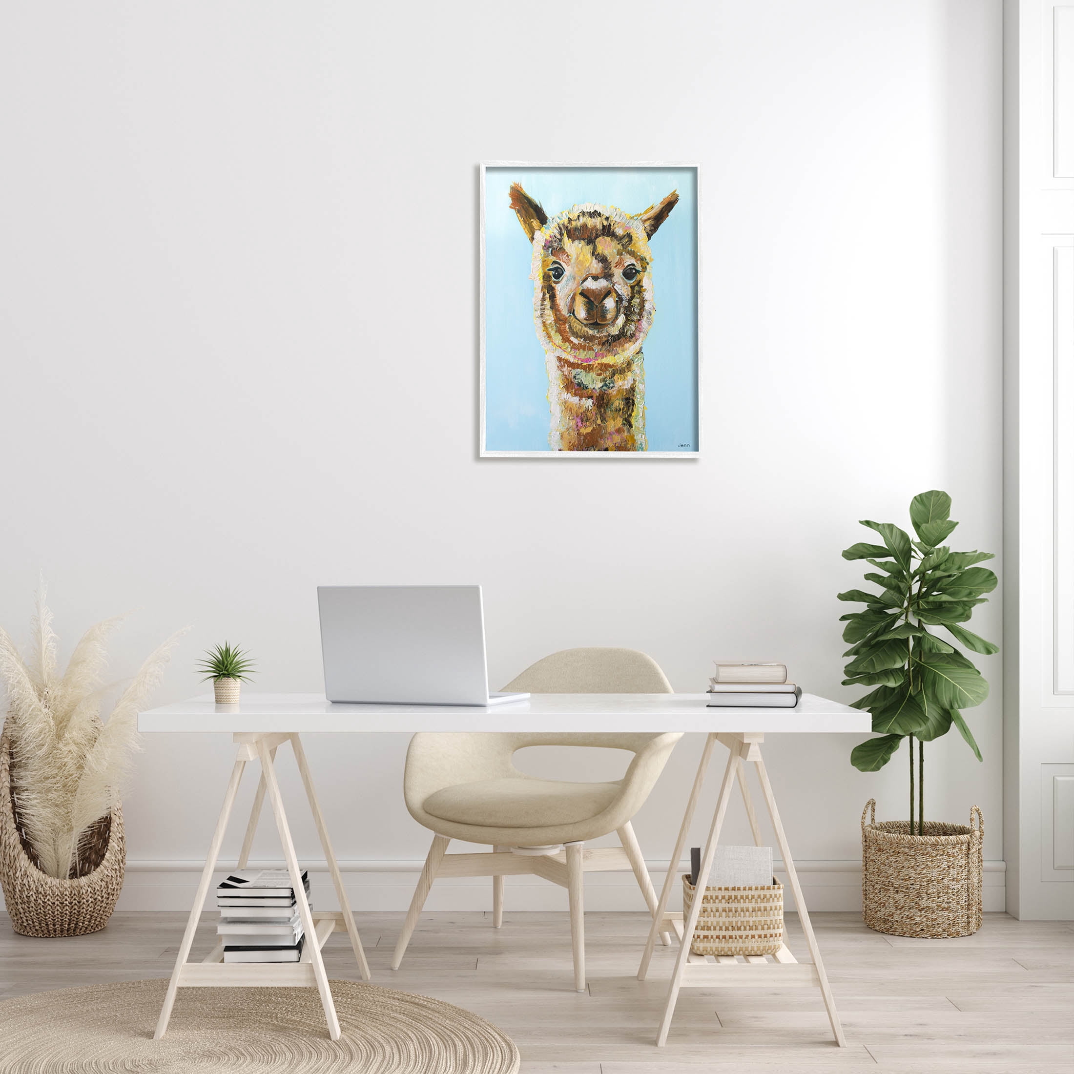 Happy Llama Farm Animal Face Animals & Insects Painting White Framed Art Print Wall Art