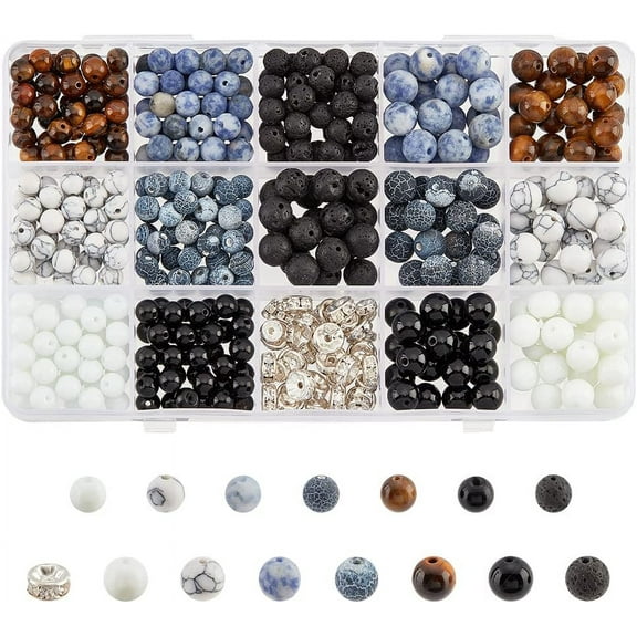 About 600 Pcs Natural Stone Beads Kit 6mm 8mm Natural Gemstone Beads Loose Round Stone Beads with Rhinestone Spacer Beads