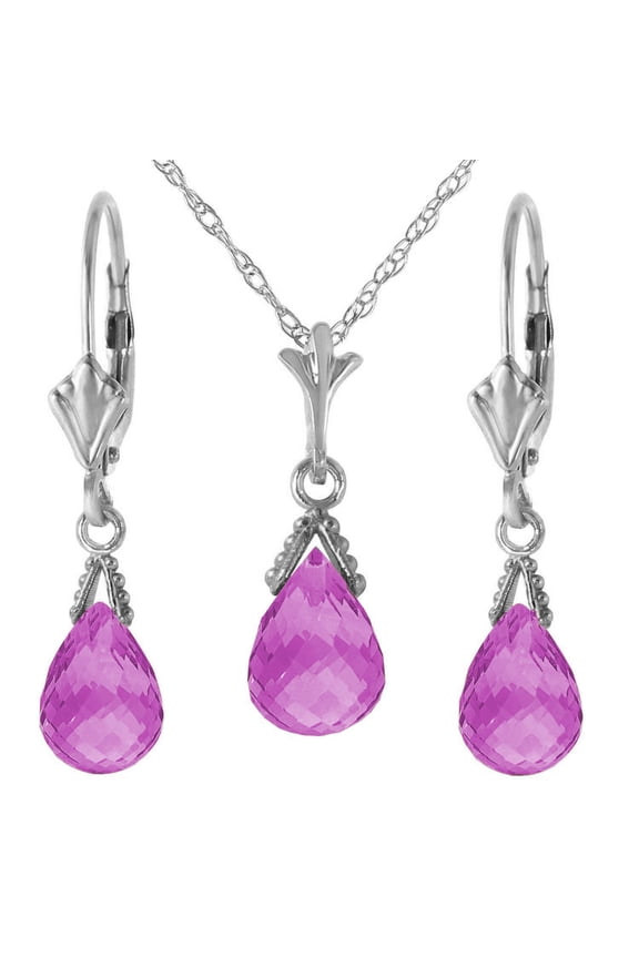 14k White Gold Jewelry Set: Briolette Pink Topaz 22" Pendant Necklace and Dangle Earrings