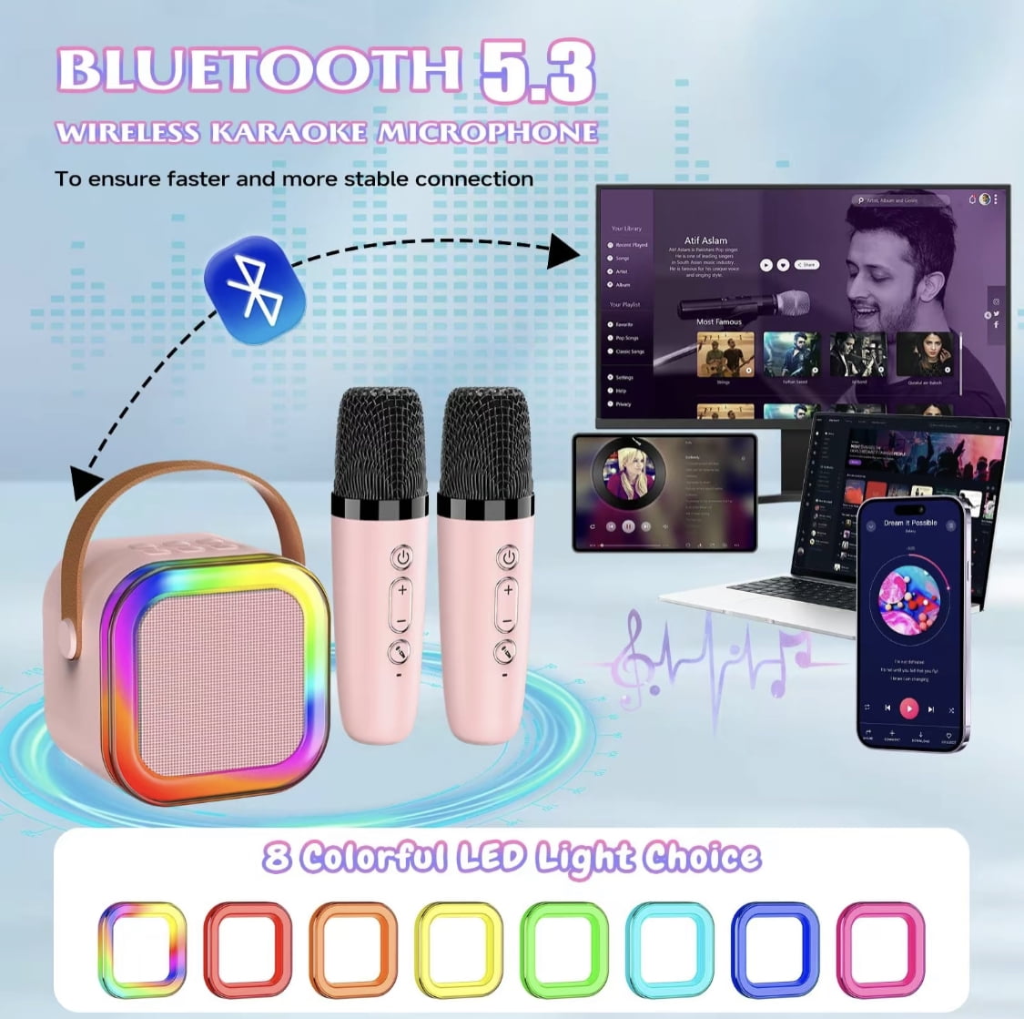 SFY Karaoke Machine for Kids Adults, Portable Bluetooth Mini Karaoke Microphone Singing Speaker with 2 Mic and Light,Toys for All Smartphones,Birthday, Family,Home Party