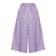 thumbnail image 4 of Pull on Capris for Women New Womens Wide Leg Capris, Elastic Waist Plaid Culottes Pants Summer Cute Comfortable Cropped Trousers with Pockets Purple S, 4 of 5