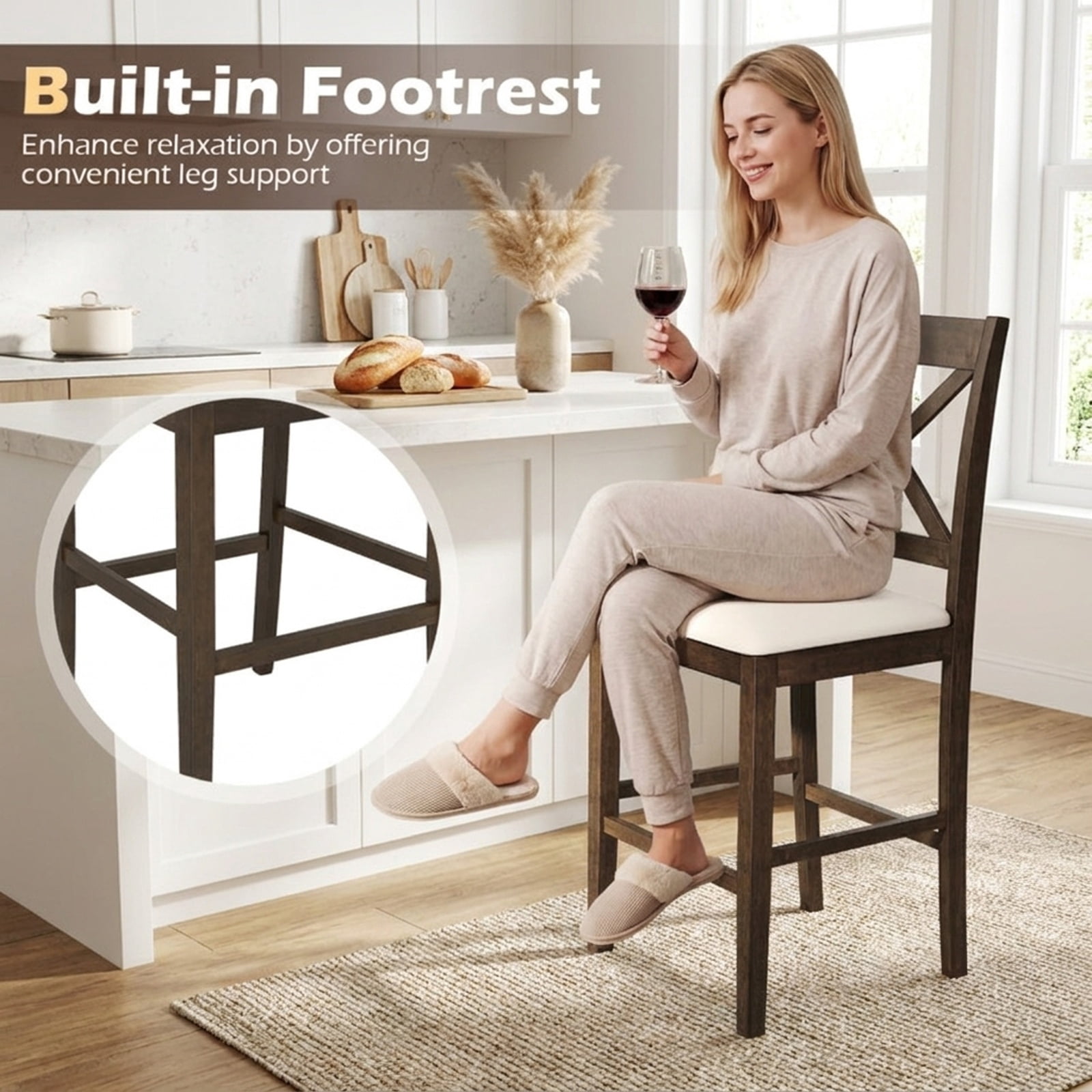 Furnibear Set of 2 X-Back Bar Stools with Upholstered Cushioned Seats and Rubber Wood Frame