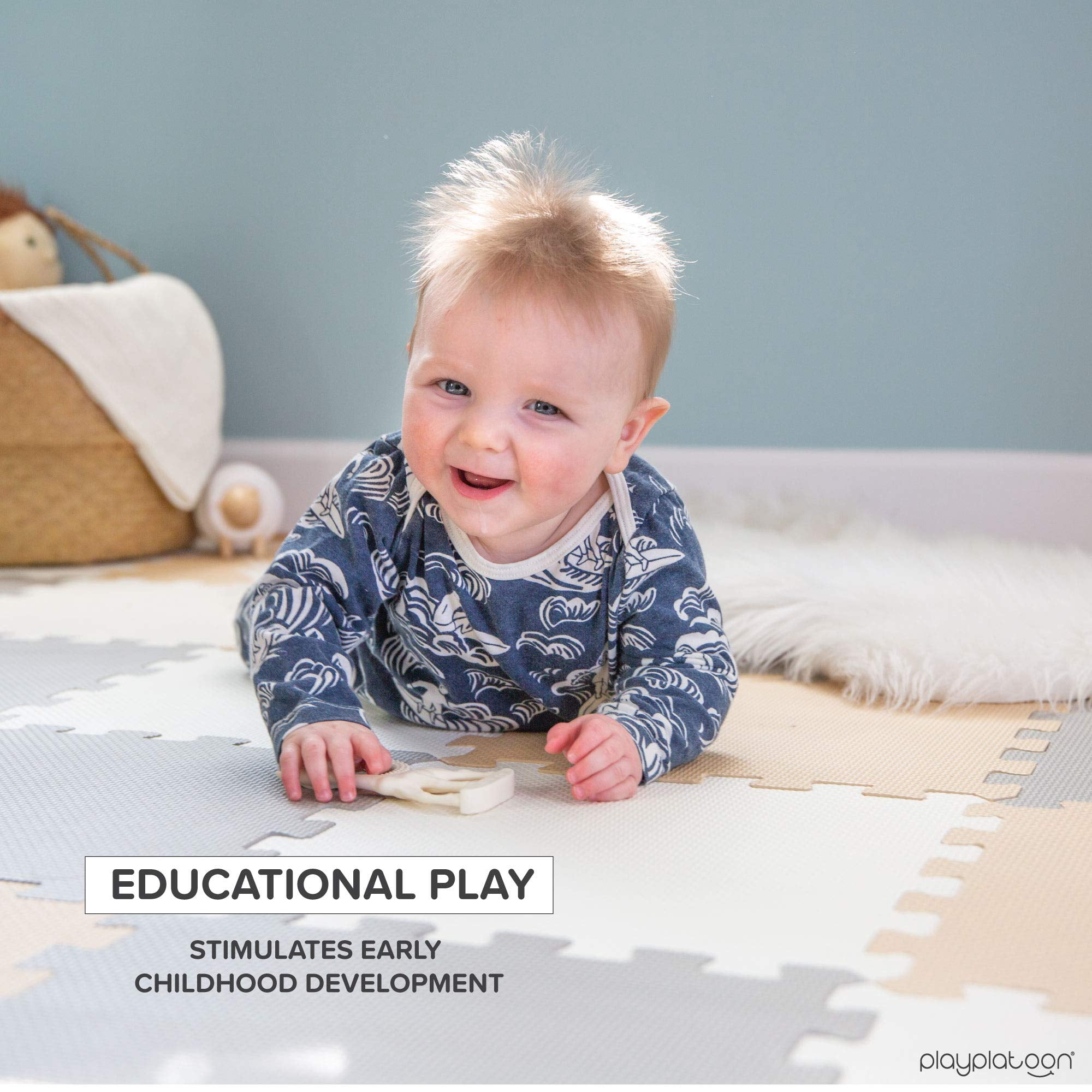Play Platoon Non-Toxic Foam Puzzle Floor Mat, Comfortable, Extra Thick, Cushiony Exercise and Play Mat for Toddlers, Kids & Adults, 36 Tiles (12"x12"), Warm Grey/Cream/Sand