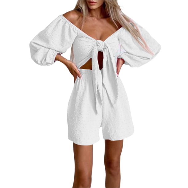 Sunloudy Traje casual para mujer, blusas cortas de manga larga con hombros descubiertos de color sólido + pantalones cortos sueltos con volantes Sunloudy moda