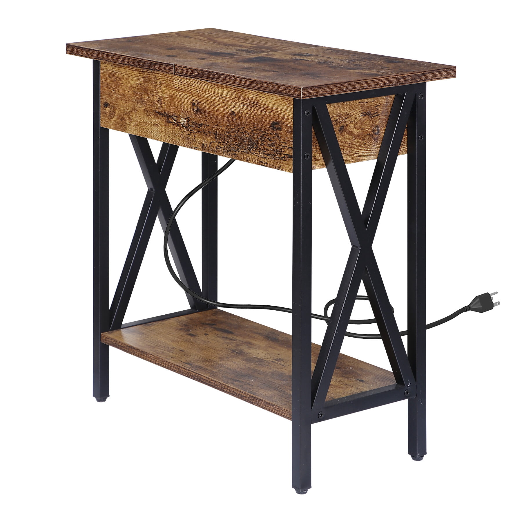 HomGarden Narrow Flip Top End Table Entryway Side Table W/ Charging Station USB Ports & Power Outlets, Rustic Brown