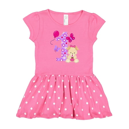 

Inktastic First Birthday with Cute Puppy and Butterflies Gift Baby Girl Dress