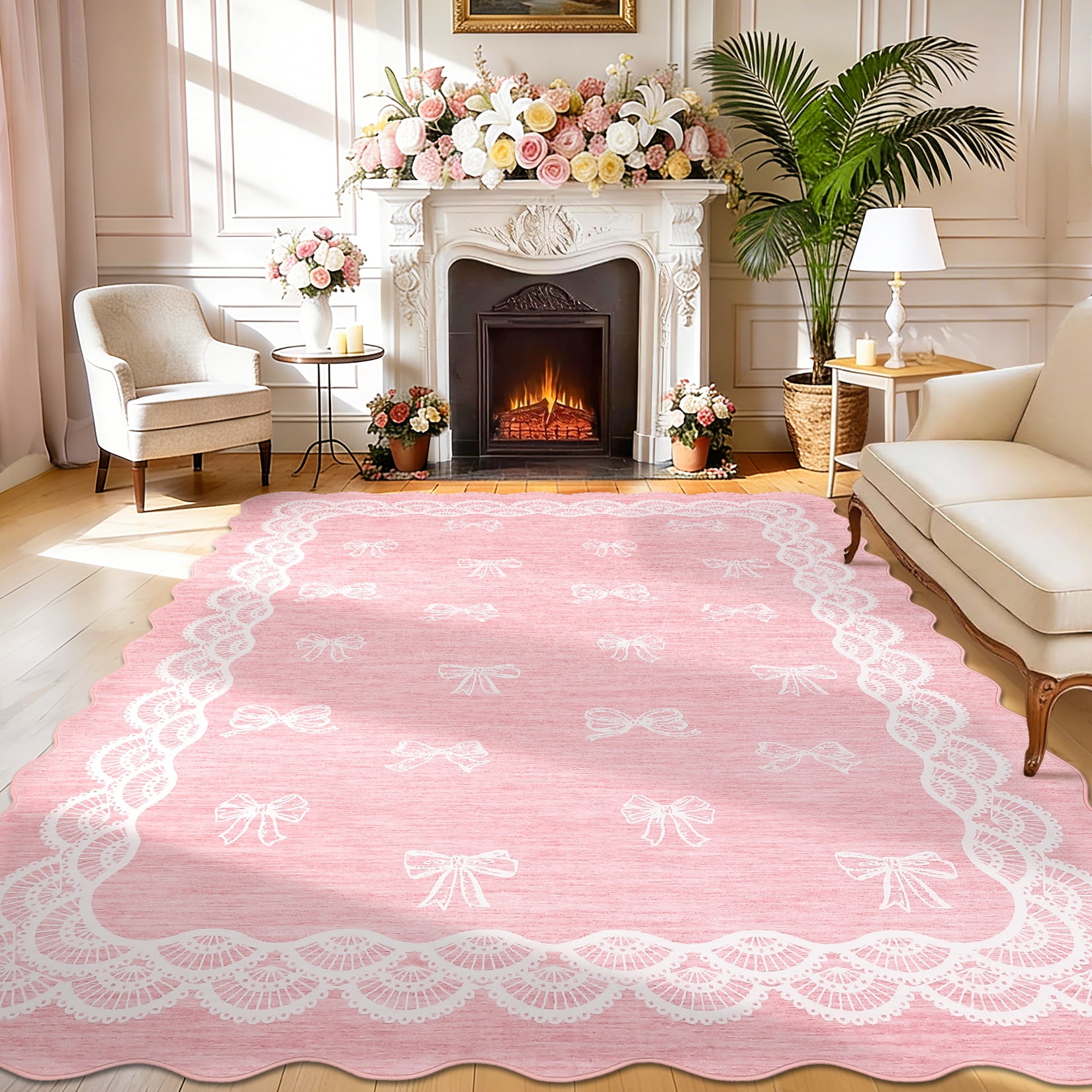 Garvee 9x12 Wave Border Area Rug Coquette Bow Pattern Carpet, Machine Washable Low Pile Rug with Non-Slip Backing for Living Room Bedroom Home Office, Pink