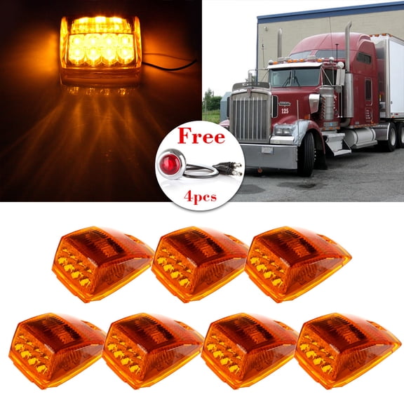 Cab Marker Light 7 Pack 17Amber Cab Marker Clearance Roof Running Top Light Amber Covers and 10 Pack 3/4'' Round Side Marker for Truck Trailer for Peterbilt for Kenworth for Freightliner