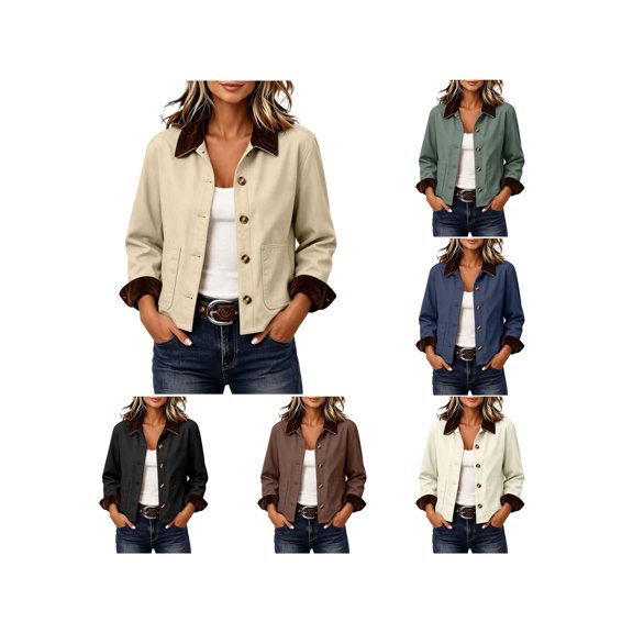 Zynoxe Women's Cropped Jacket Fashionable Corduroy Cuffs & Collared Jackets for Women Relaxed Long Sleeve Button Down Casual Jackets Solid Color Casual Outerwear With Side Pockets S
