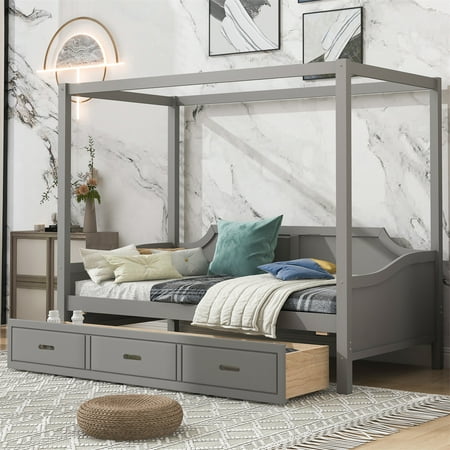 Twin Size Canopy Daybed  Canopy Platform Bed with 3 in 1 Drawers  Wood Twin Canopy Bed Frame with Headboard and Footboard  Bedroom Daybed Storage Bed for Kids Teens Adults  Gray