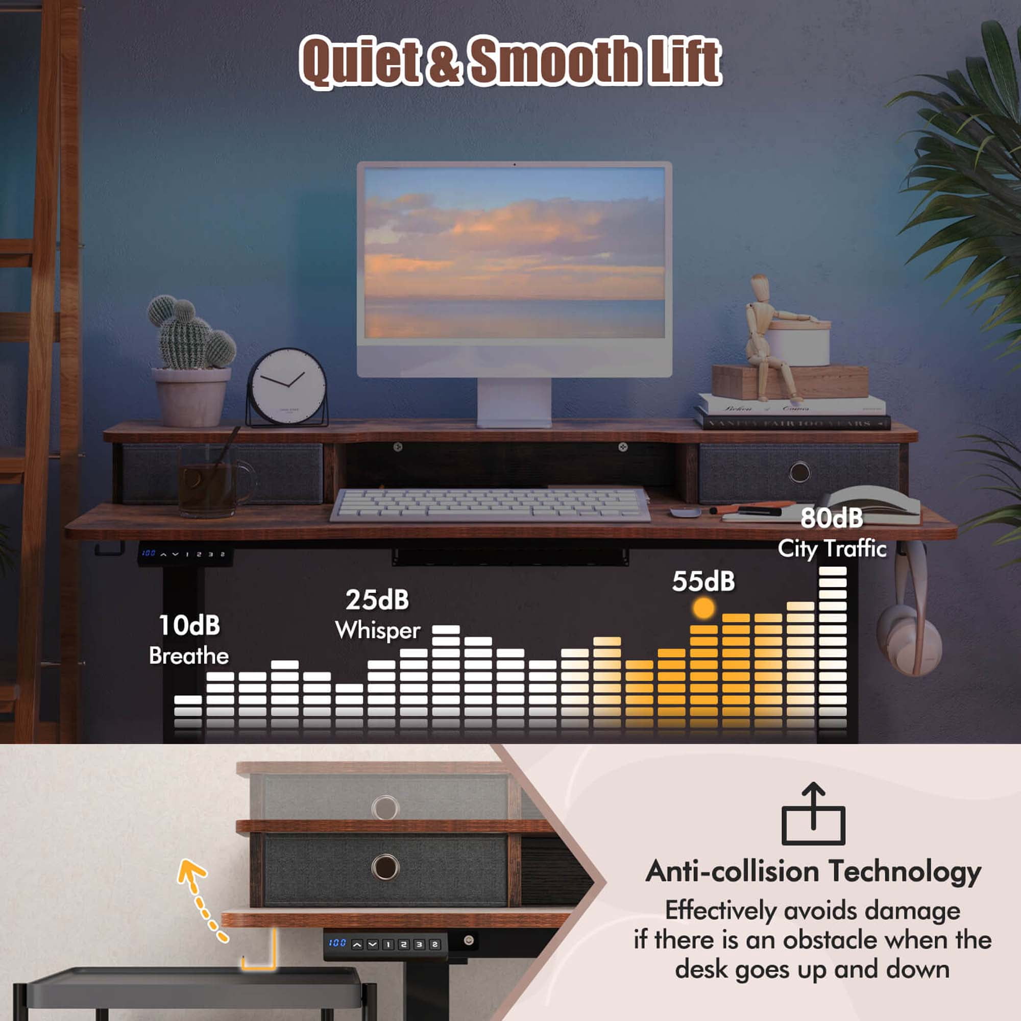Costway 48"x 24" Electric Standing Desk with 2 Drawers Monitor Stand Storage Shelf Brown