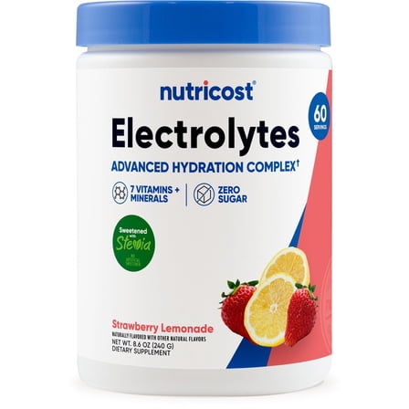 Nutricost Electrolytes Complex Powder (Strawberry Lemonade) 60 Servings - Advanced Hydration Complex, 7 Vitamins   Minerals, Zero Sugar, Sweetened with Stevia, Gluten-Free, GMO-Free