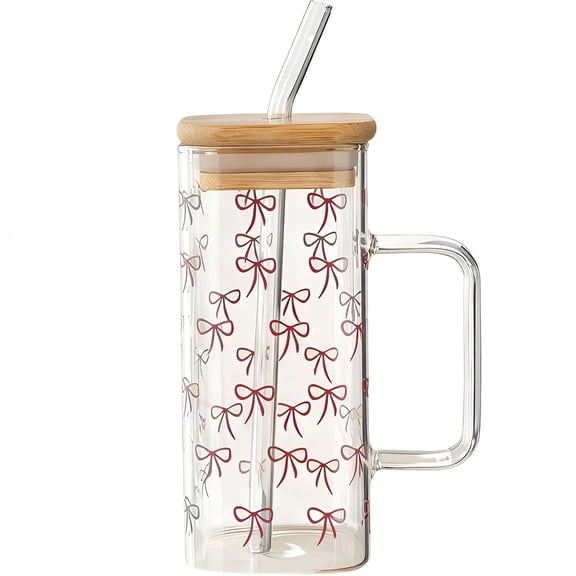 BPPEG Christmas Glass Cups,13oz Iced Coffee Cups with Lids and Straws,Bow Glass Cup,Cute Tumbler Smoothie Cup,Cute Drinking Can Jar,Tumbler,Birthday Gifts for Women,Teen Girl Stuff