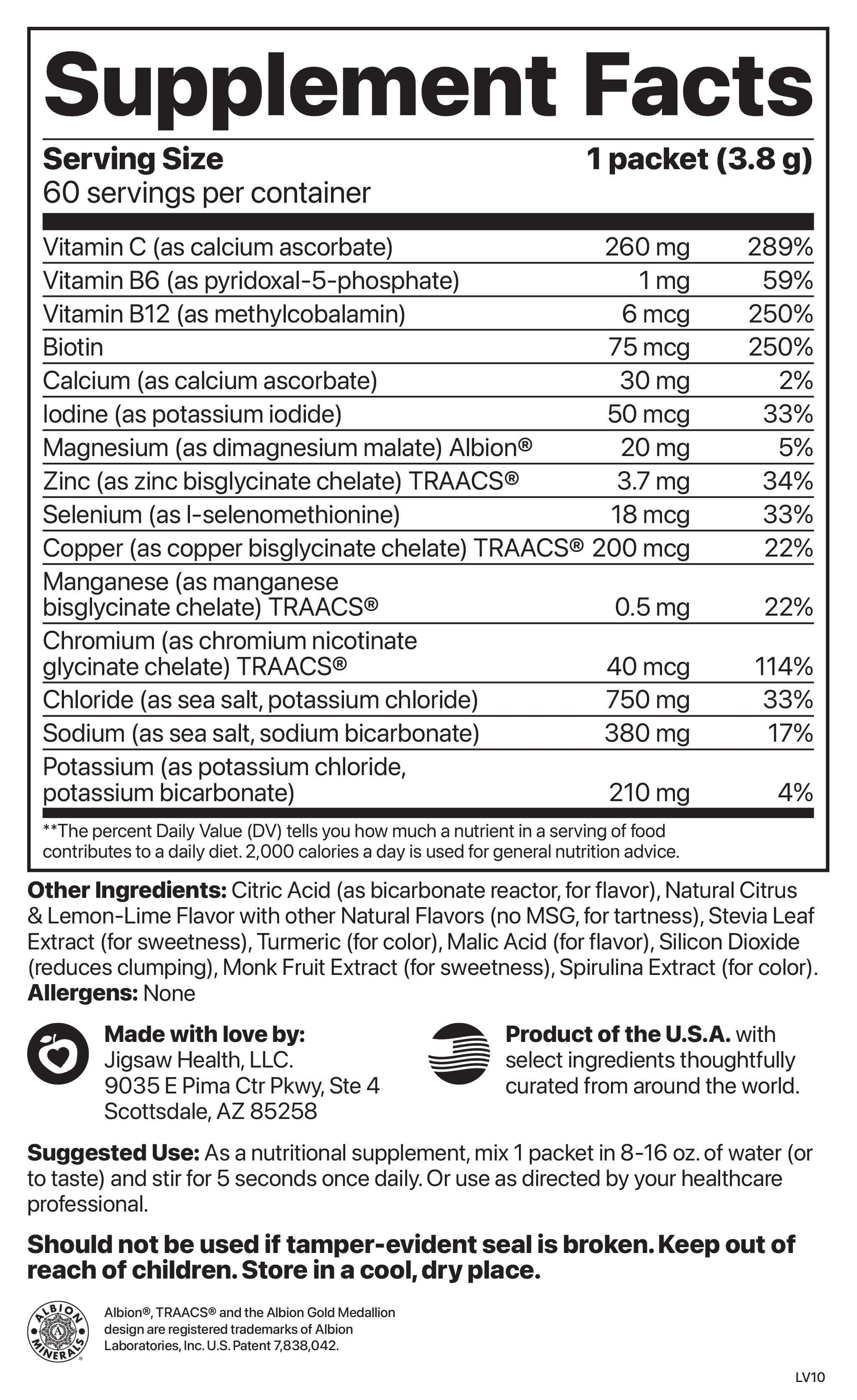 Jigsaw Health - Electrolyte Supreme - Great Lemon Lime Flavor - Broad Spectrum of Electrolytes + trace minerals - 60 Powder Packets (Lemon Lime, Packets)