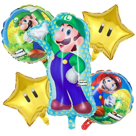 5 PCS Birthday Party Balloons LARGE Mario Balloons Luigi Balloons Mario Star Balloon