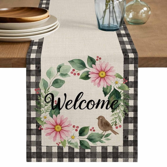 Spring Pink Flowers Table Runner 72 Inches, Country Plants Leaves Bird Retro Plaid Bed Runner Dresser Scarves Tabletop for Indoor Outdoor Parties/Ceremony/Banquet, 13" x 72"