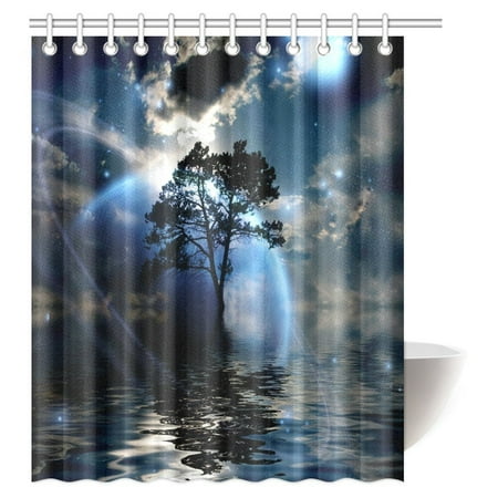 MYPOP Fantasy House Decor Shower Curtain, Water Night View Dark Clouds Stars Moonlight Skylights Rays Tree Reflection on Sea Fabric Bathroom Decor Set with Hooks, 60 X 72