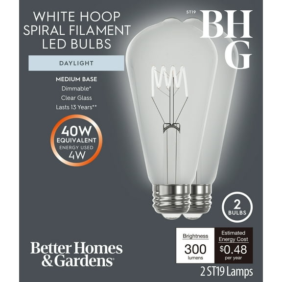 Better Homes & Gardens 4W (40W Equivalent) Daylight Dimmable ST19 White Filament Light Bulb E26 Base 2 Pack