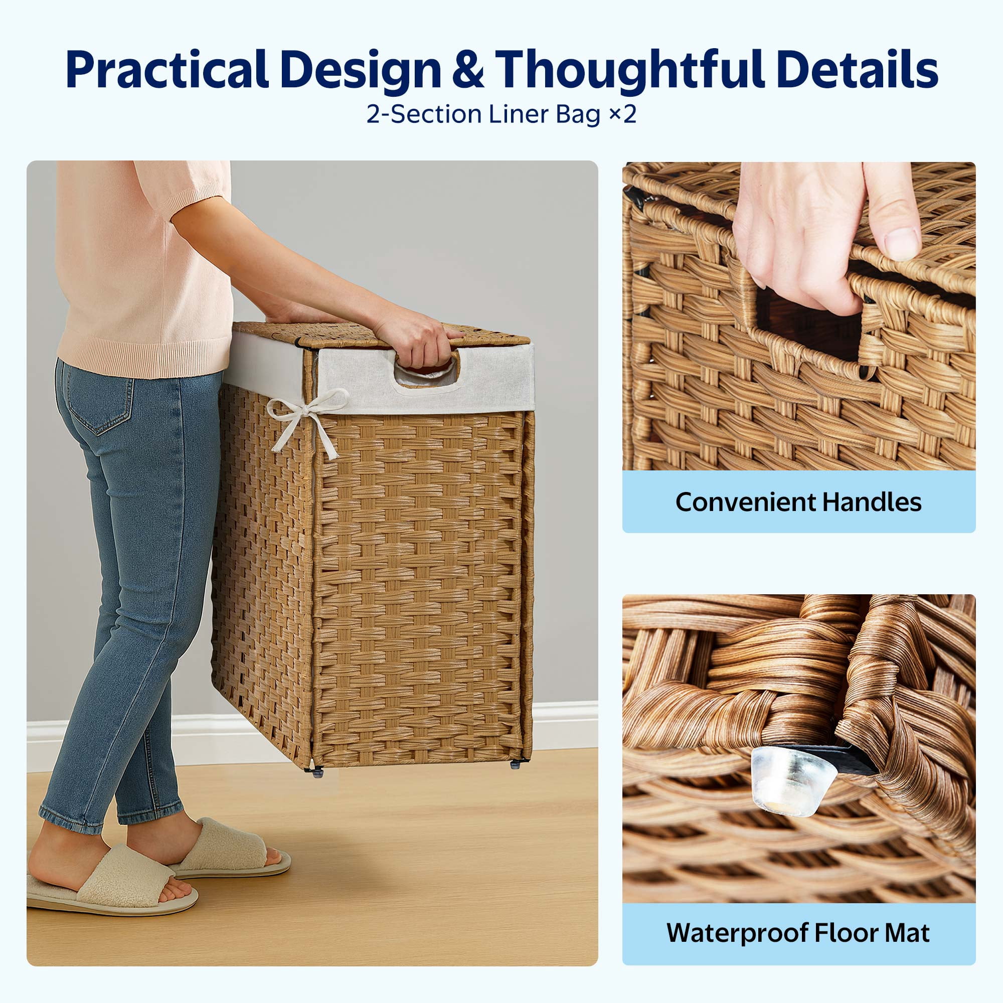 Rolanstar 110L Laundry Hamper Wicker Laundry Basket with Lid, Handles Clothes Hamper Foldable with 2 Removable Liner Bags, Natural