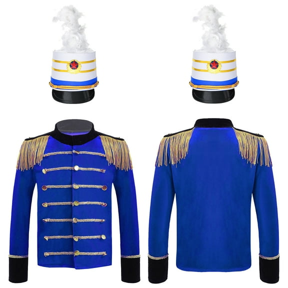 Aislor Kids Boys Drum Trumpet Team Honor Guard Uniform Tassels Adorned Blazers Tops with Hat 4-16 Royal Blue 16