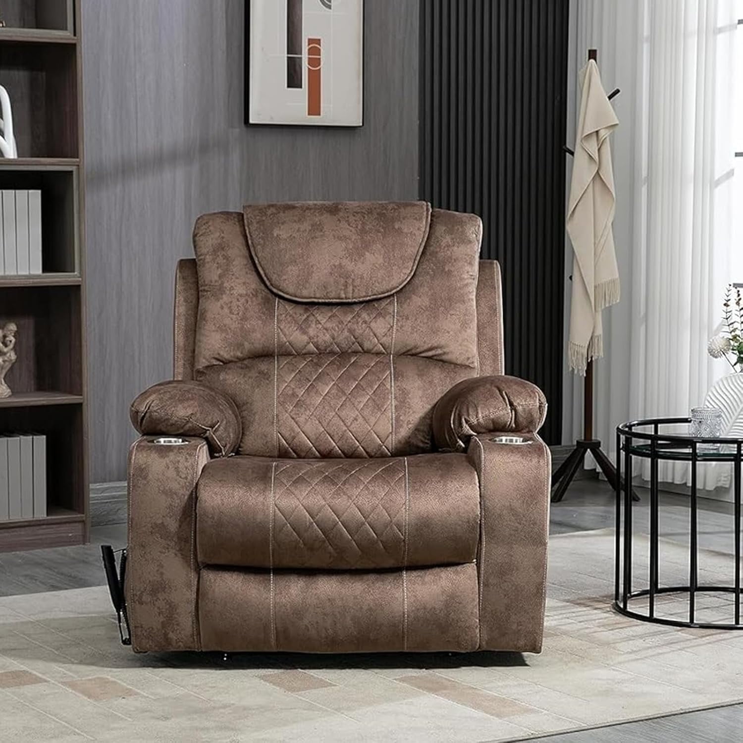 HSUNNS Recliner Lift Chairs for Elderly, 180 Degrees Lay Flat Recliner Chair with Heat and Massage and Cup Holder for Adults 400 lb Capacity (Brown Velvet)