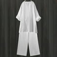 thumbnail image 4 of qolati Two Piece Sets for Women Solid 2 Piece Outfits Cotton Linen Oversized Button Down V Neck Long Sleeve Shirts High Waist Drawstring Wide Legs Pants Lounge Sets, 4 of 9
