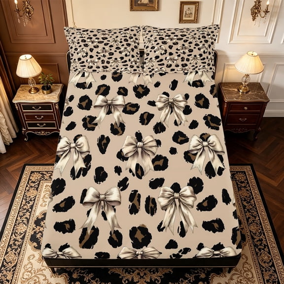 Manfei Cartoon Cute Bow Fitted Sheet Full,Brown Leopard Print Bed Set,3pcs,1 Fitted Sheet and 2 Pillowcases