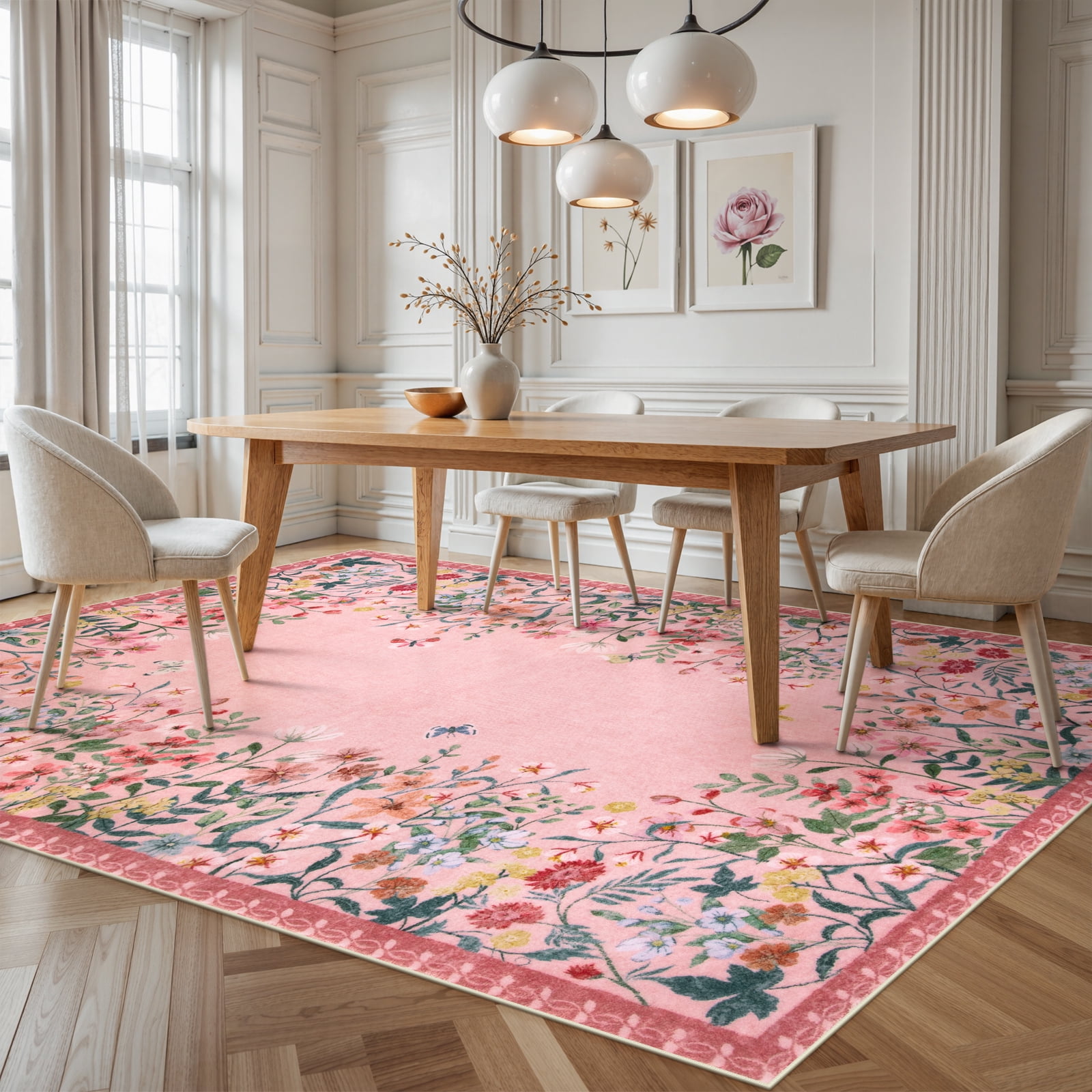 Wonnitar 8'x10' Floral Large Area Rugs for Living Room, Ultra Soft Washable Bedroom Rug Non Slip Pink Vintage Accent Carpet for Dressing Room Home Office Room Sunroom Vanity Area, Soft Non Slip