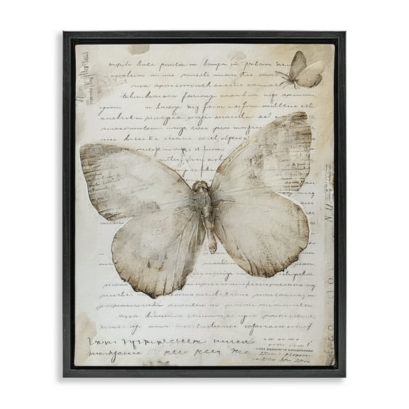 Stupell Industries Butterfly & Vintage Cursive Animals Painting Black Floater Framed Canvas Art Print Wall Art, 17 x 21