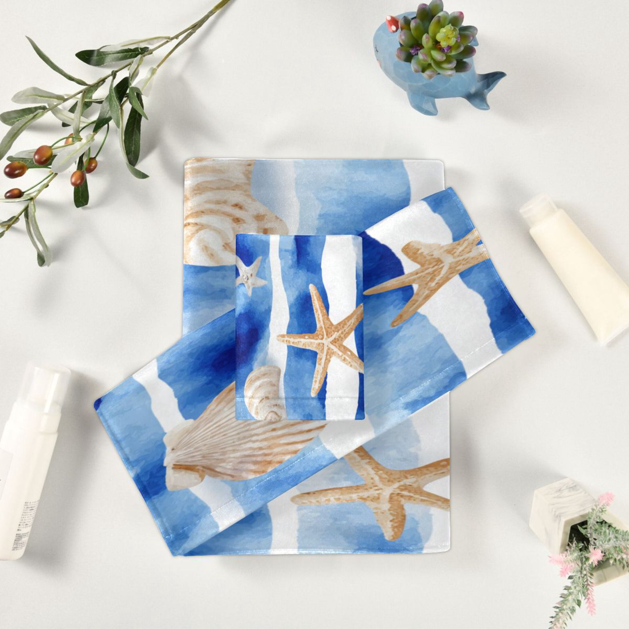 3 Sizes Towel Set - Bath Towel, Hand Towel & Washcloth for Daily Household Use Blue Nautical Stripes Pattern