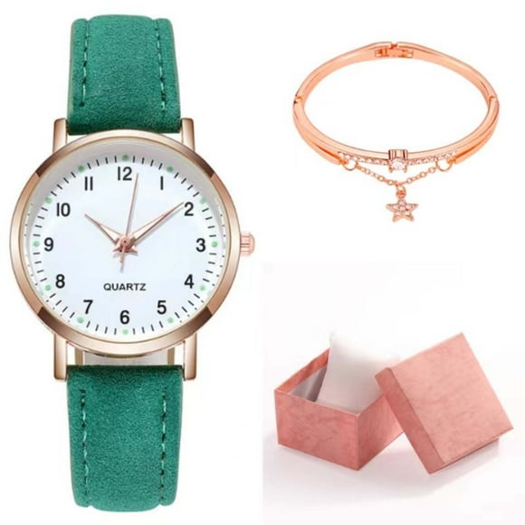 Reloj clásico de cuarzo para mujer con esfera luminosa y correa de cuero esmerilado, reloj redondo pequeño retro con pulsera y caja de regalo, caja de 32,5 mm