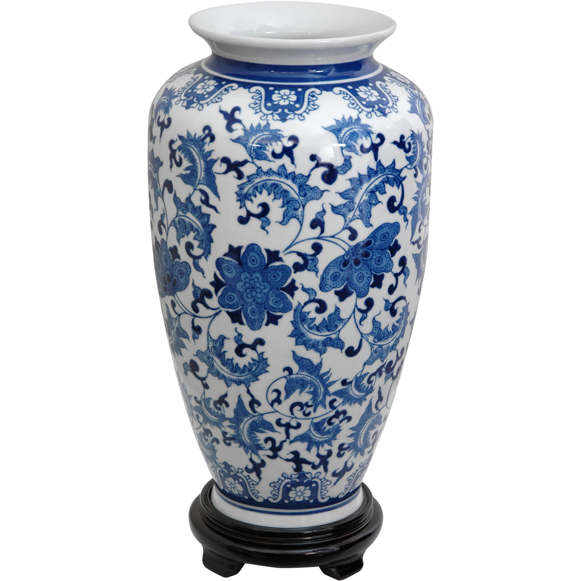 Oriental Furniture 14" Floral Blue & White Porcelain Fishbowl 