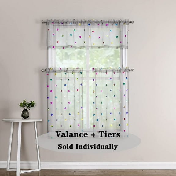 Bazaahm Kitchen Sheer Metallic Curtains 28"L x 24"W Grey Polka Dots Printed Pattern Window Tiers for Bathroom, Rod Pocket, 2pcs