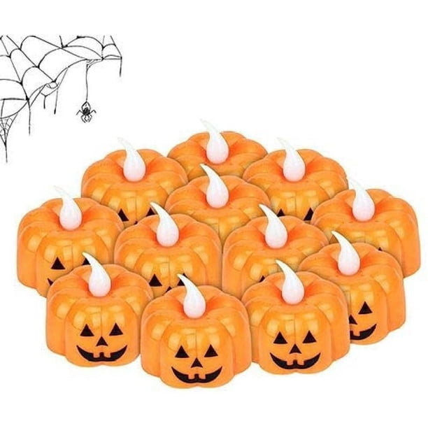 Velas de té de calabaza, 12 piezas de calabaza de Halloween, velas de calabaza sin llama, velas LED sin llama que funcionan con pilas para decoraciones de Halloween, fiesta de boda, Navidad Ofspeizc LKX-1873