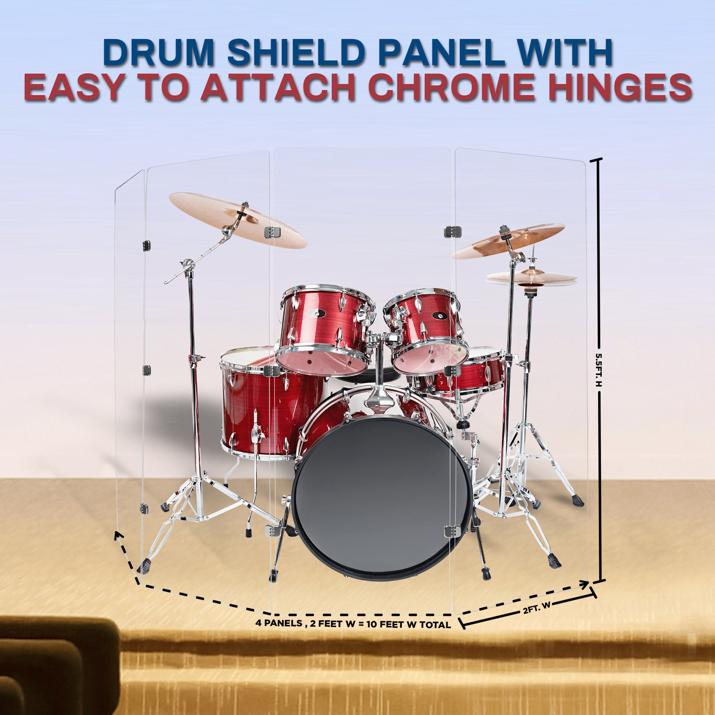 PENNZONI Drum Shield, 4 Panels & Deflectors w/ Chrome Hinges, 5.5 ft. Clear Acrylic Panels