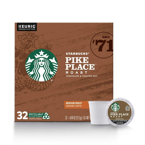 2X - Starbucks K-Cup Coffee Pods, Medium Roast Coffee, Pike Place Roast For Keurig Coffee Makers, 100% Arabica, 1 Box (32 Pods)