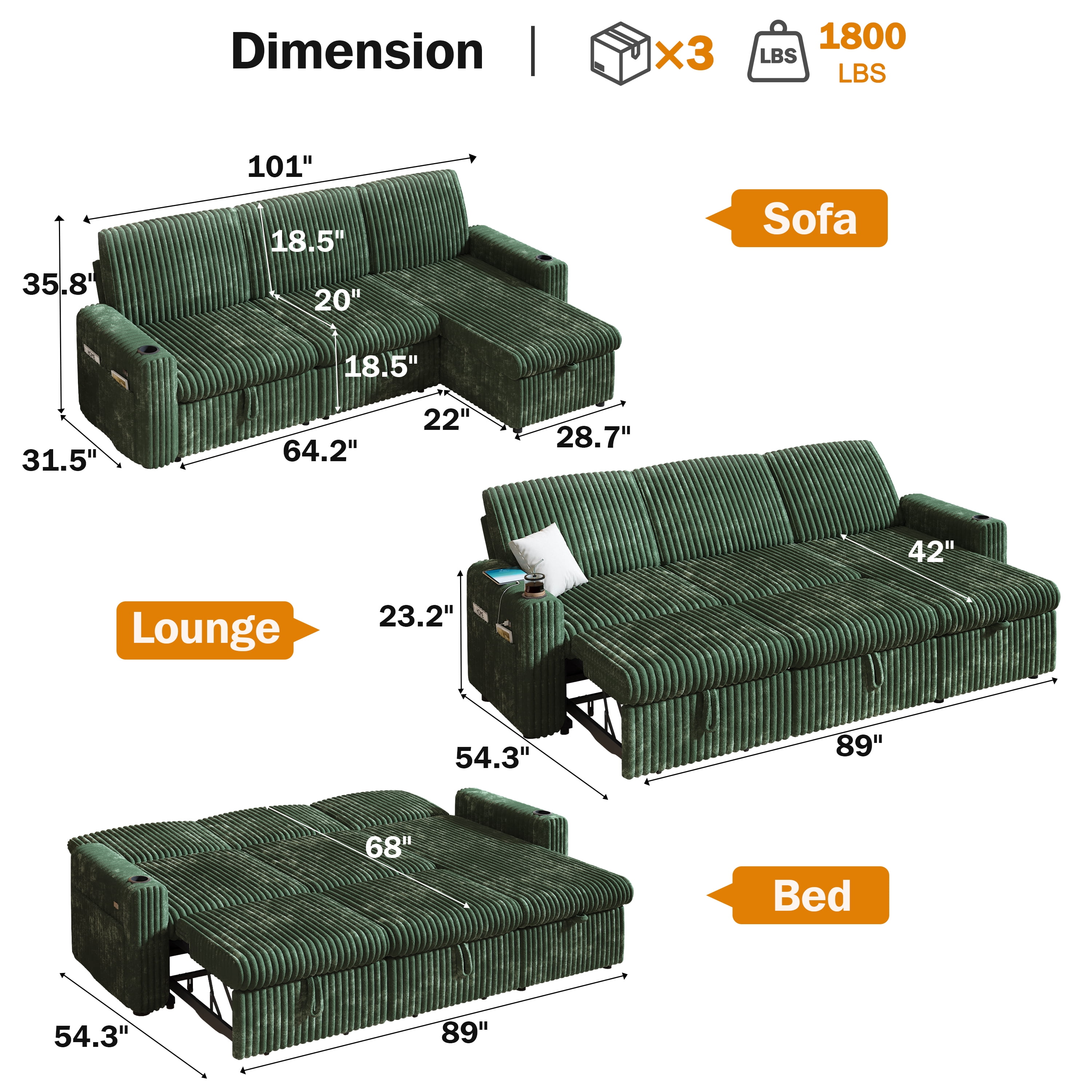 101” Detachable Mattress Sleeper Sofa with Pull-Out Mattress - L-Shaped Design, Adjustable Backrest + Reversible Storage Chaise, USB Ports/Cup Holders, Quick Assembly, Soft Green Corduroy